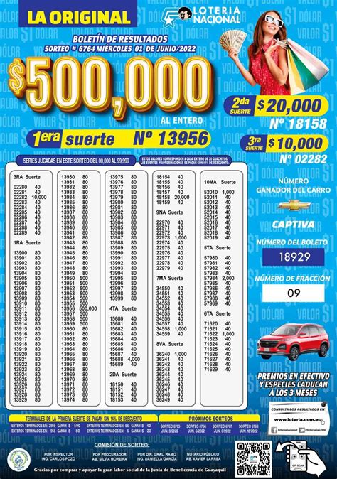 Sorteo Lotería Nacional 6764 Boletín Oficial La Original Del Miércoles 1 De Junio En Ecuador