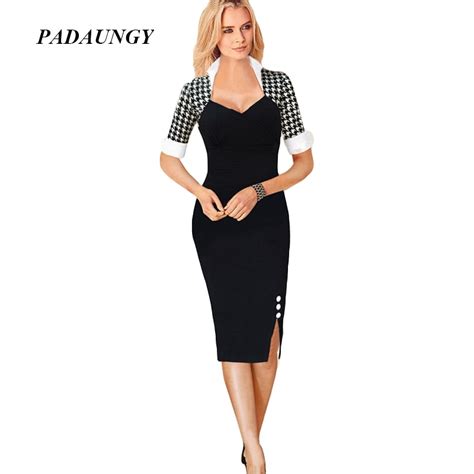 Padaungy Houndstooth Women Dresses Short Sleeve Ropa Mujer Patchwork