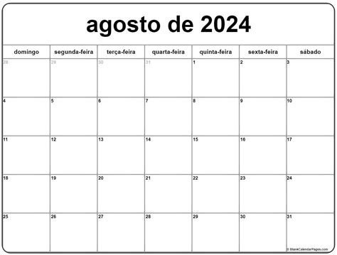 Agosto De 2024 Calendario Grátis Em Português Calendario Agosto