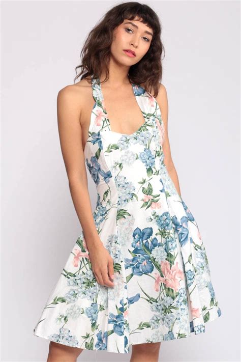Summer Dress Floral Dress 80s Midi Halter Neck Sundress Flower Print