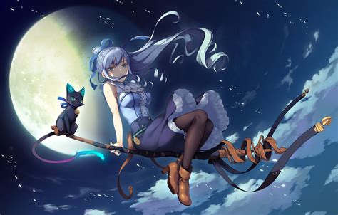 Wallpaper Cat Girl Night The Moon Witch Broom Anime Games Art Deep One Images For