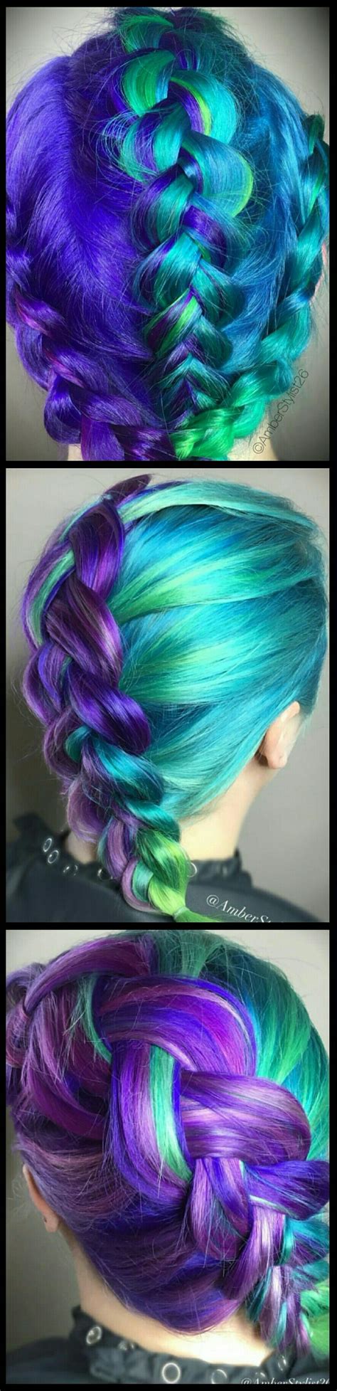 If you apply fantasy purple dye to your green hair, your hair will end up being purple. Blue turquoise purple green braided dyed hair color ...
