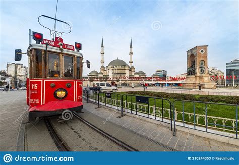 Nostalgic Red Tram In Taksim Square Istiklal Street Is A Popular