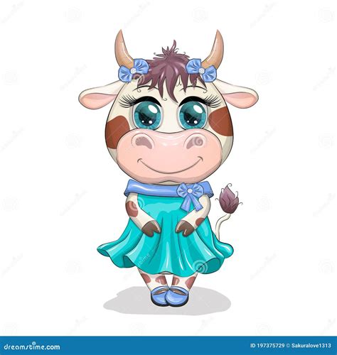 cute cartoon cow girl with beautiful eyes in a turquoise dress funny cow character stock