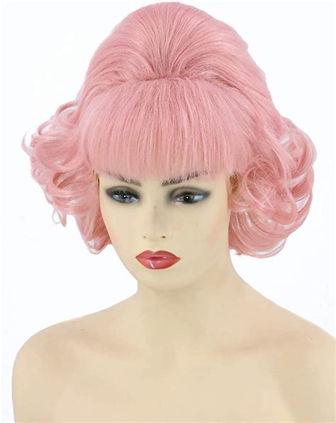 Topcosplay Womens Wigs Grease Frenchy Wig Short Pink Beehive Wig