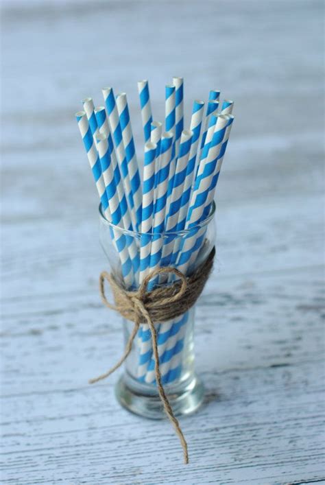 20 Blue Striped Drinking Paper Straws Birthday Party Straws Wedding