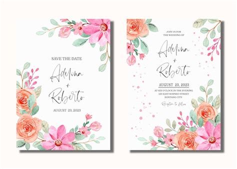 Cartão de convite de casamento com aquarela floral rosa laranja Vetor Premium