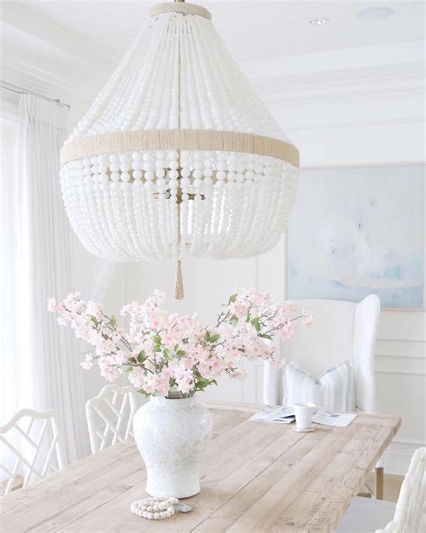 White Beaded Coastal Style Chandelier In Coastal Dining Room With White