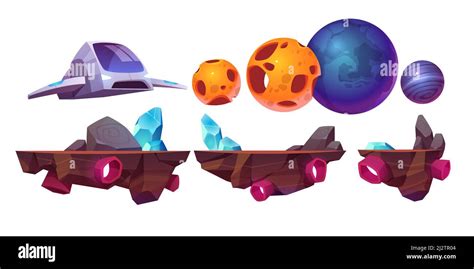 Space Game Platform Cartoon Arcade Isolated Elements Spaceship Flying