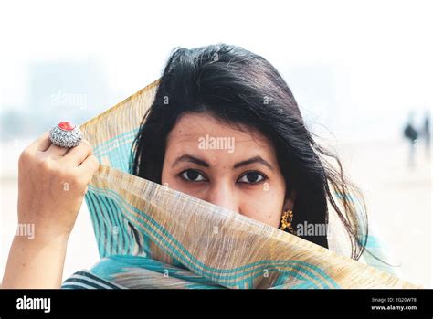 Young Indian Woman Portrait In Sari With Her Face Covered Beautiful Indian Muslim Woman Covers