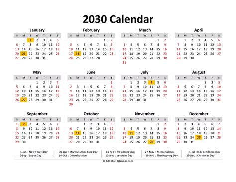 Download Free Printable Calendar 2030 With Us Holidays Weeks Start On