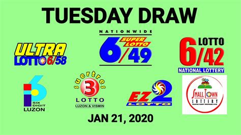 Previous national games, such as the olympic lottery. Lotto Result JAN 21 2020 (EZ2, SWERTRES, 6D, 6/42, 6/49, 6 ...