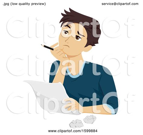 Clipart Of A Teen Guy Thinking And Trying To Write A Letter Or Essay