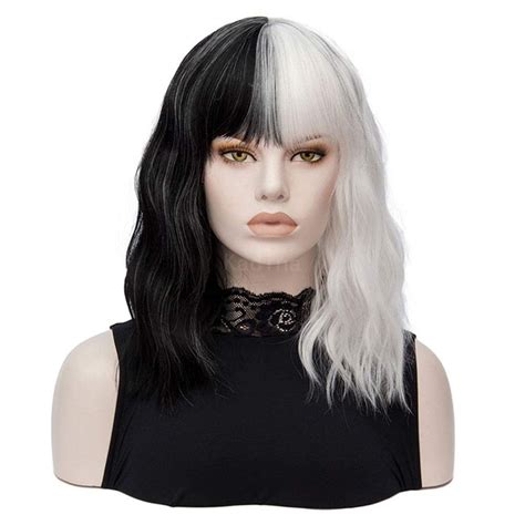 half black and white wig cruella wig short black white wigs for cruella deville costume women
