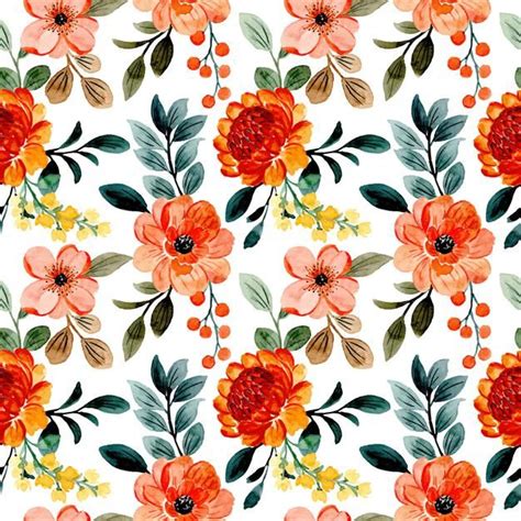 Seamless Pattern Orange Floral And Green Leaves With Watercolor In 2021