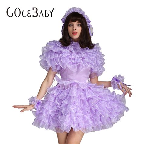Sissy Girl Lockable Purple Satin Organza Puffy Dress Uniform Cosplay