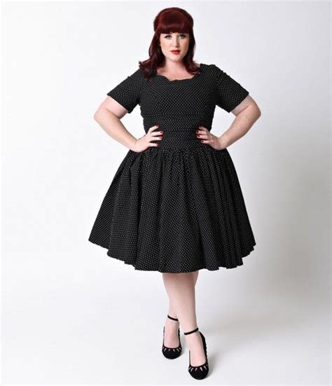 Unique Vintage Plus Size Black Pin Dot Roman Holiday Sleeved Scallop