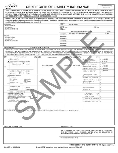 Certificate Of Liability Insurance Template