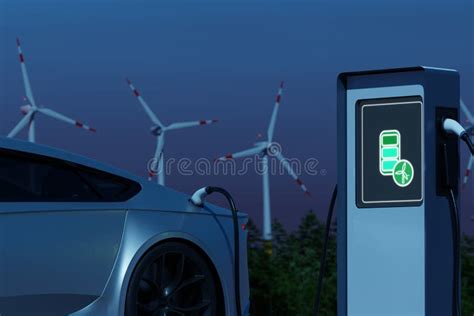 Environmentally Friendly Electric Car Charging With Background Of Wind