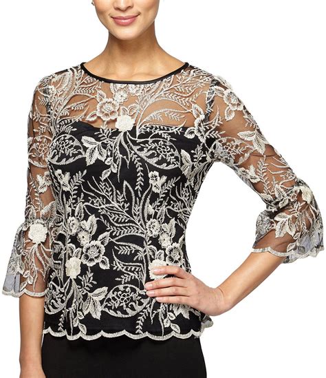 Alex Evenings Embroidered Illusion Bell Sleeve Blouse Dillards