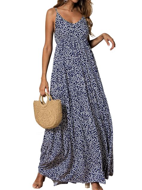 Women Boho Spaghetti Strap Sleeveless Casual Floral Print Maxi Dress