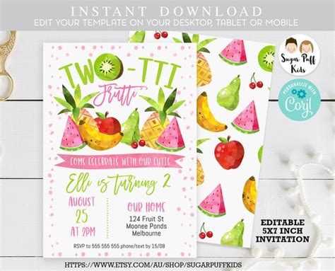 Girls Two Tii Frutti Invitation Fruit Invitations Twotti Etsy Hong Kong