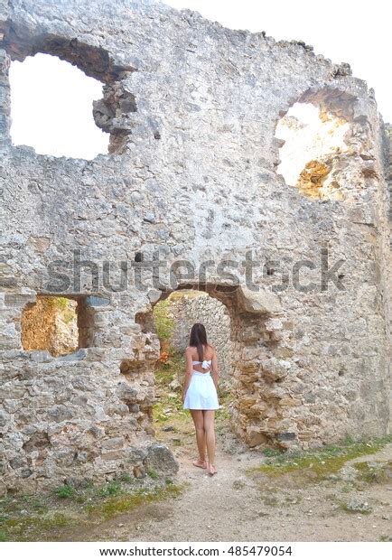Beatiful Woman Sitting Near Ruins Castle Stock Photo Edit Now