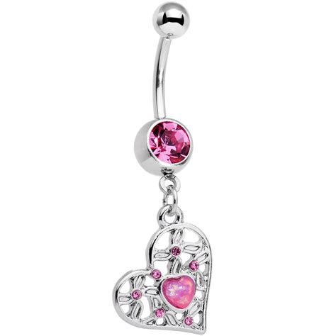 pink faux opal pink gem sea heart dangle belly ring