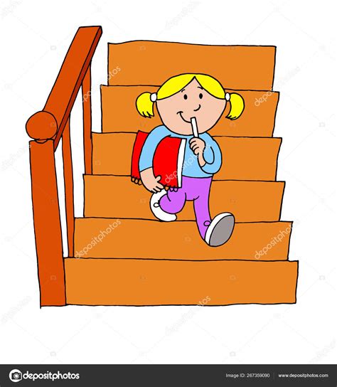 Linda Ilustración Una Chica Bajando Escaleras Mientras Piensa Algo Que