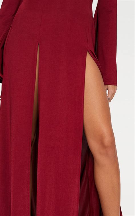 Burgundy Plunge Extreme Double Split Long Sleeve Maxi Dress