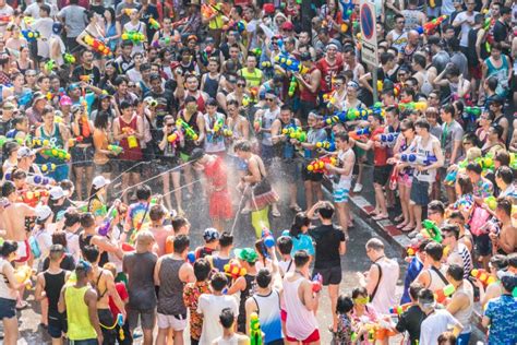 Watergun Fight At Songkran Water Festival In Silom Bangkok Thailand