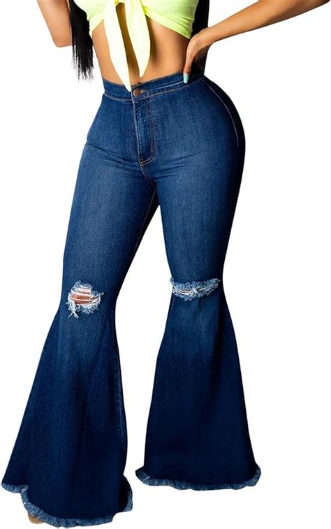 Petalum Womens Bell Bottoms Jeans Knee Ripped Fitted Destroyed Flare