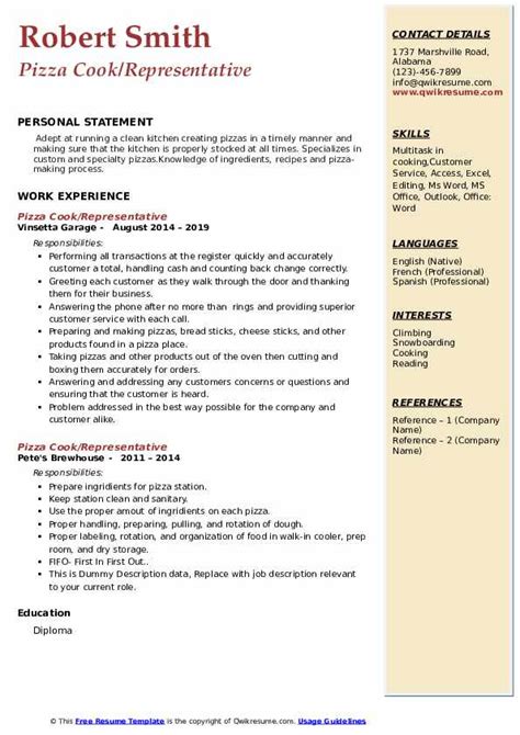 Pizza Cook Resume Samples Qwikresume