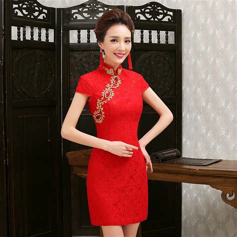 Sexy Modern Cheongsam Mini Qipao Lace Red Bride Qi Pao Chinese Oriental Dresses Robe Courte