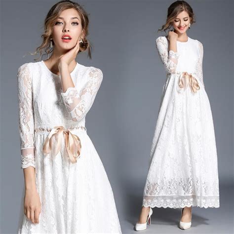 Autumn Spring 2019 New Long White Lace Dress Women Party Elegant Floral Lace Dress Ankle Length