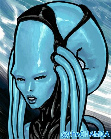 an image of a woman with long hair and blue skin holding her head in her hands