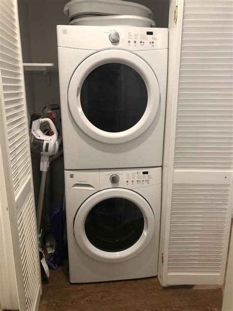 Most stackable washers and dryers are 77 to 80 inches tall (stacked), 27 inches wide, and 30 to 34 inches deep. Kenmore Front load stackable Washer and Gas Dryer for Sale ...