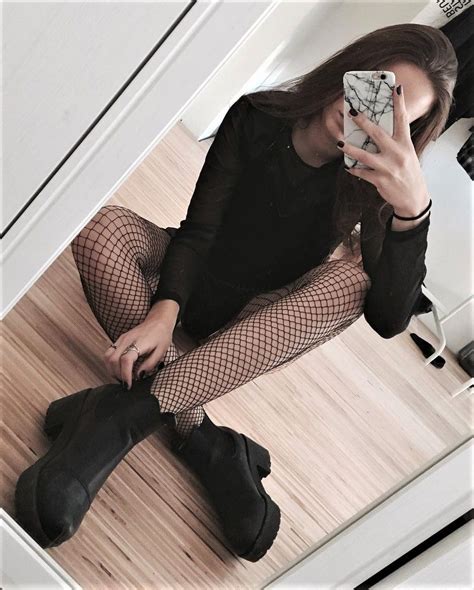 Black Long Sleeves Shirt With Fishnet Tights Boots By Strng Xo Grunge
