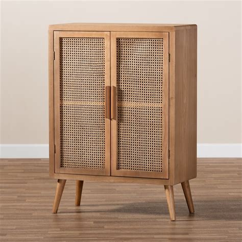Baxton Studio Alina Oak Finished Wood And Rattan 2 Door Storage Cabinet
