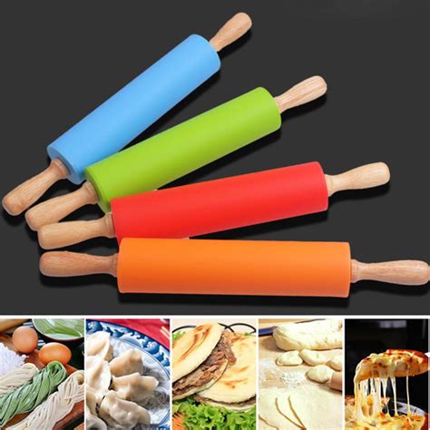 30cm Wooden Handle Silicone Rolling Pin Non Stick Kitchen Baking
