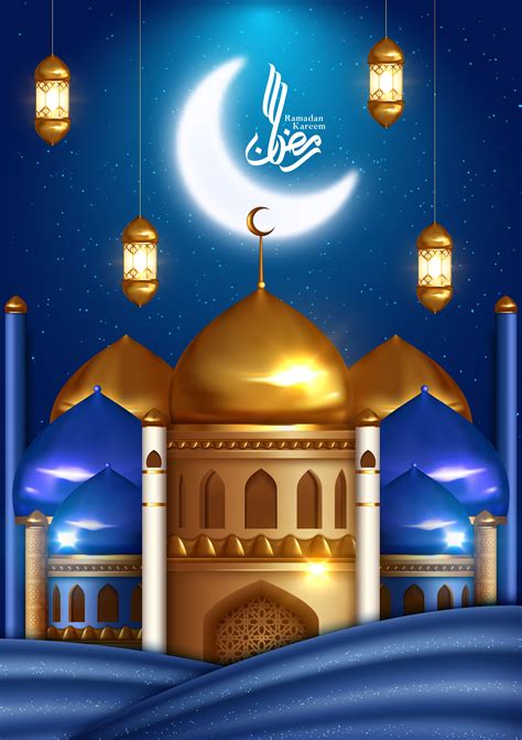 Ramadan Greeting Design on Blue with Mosque and Moon ...