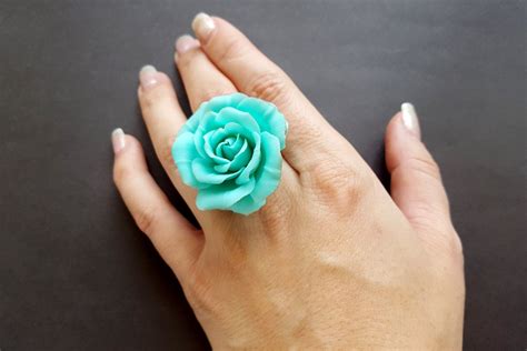 Rose Ring Polymer Clay Antique Aquamarine Rose Flower
