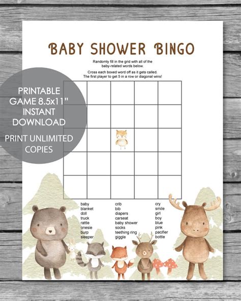 Printable Baby Shower Bingo Game Woodland Animals