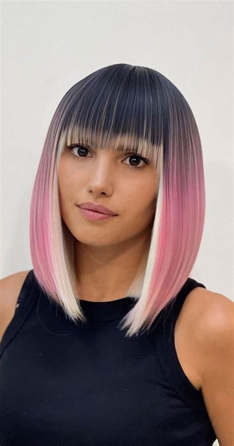 50 Best Short Hair With Bangs Ombre Pink Lob With Bangs