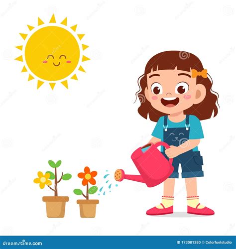Happy Cute Little Kid Girl Watering Flower Stock Vector Illustration