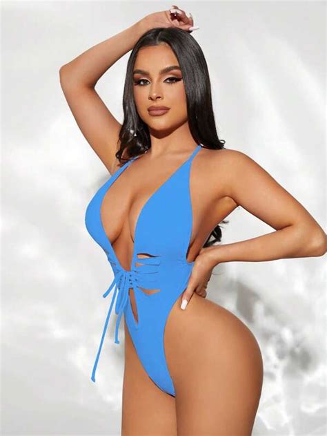 Lace Up Front Plunging Neck Backless Halter One Piece Swimsuit Shein Usa