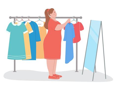 Plump Woman In Fashion Store Chooses Clothes She Holds Dress In Her Hands And Looks At Herself
