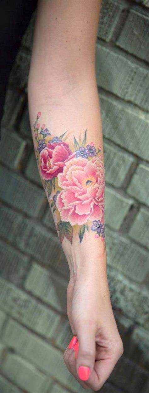 Colorful Watercolor Flower Forearm Tattoo Ideas For Women Pink