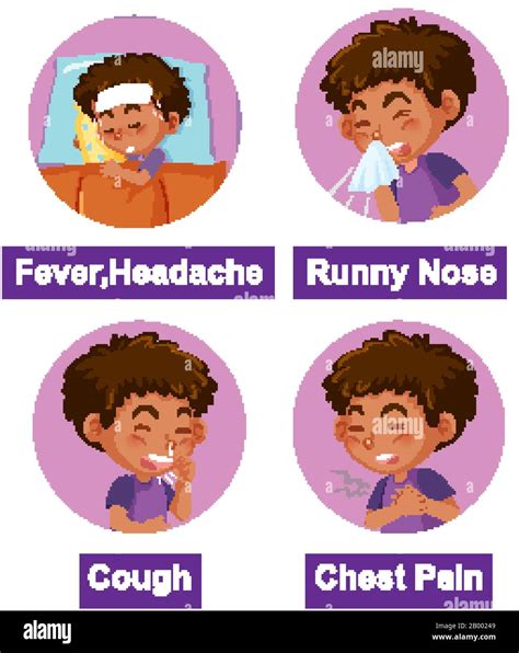 Set Of Different Symptoms With Sick Boy Illustration Stock Vector Image