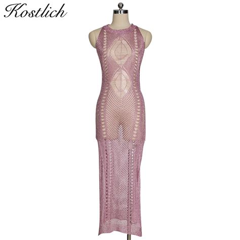 Kostlich Hollow Out See Through Sexy Women Beach Dresses Maxi Knitted